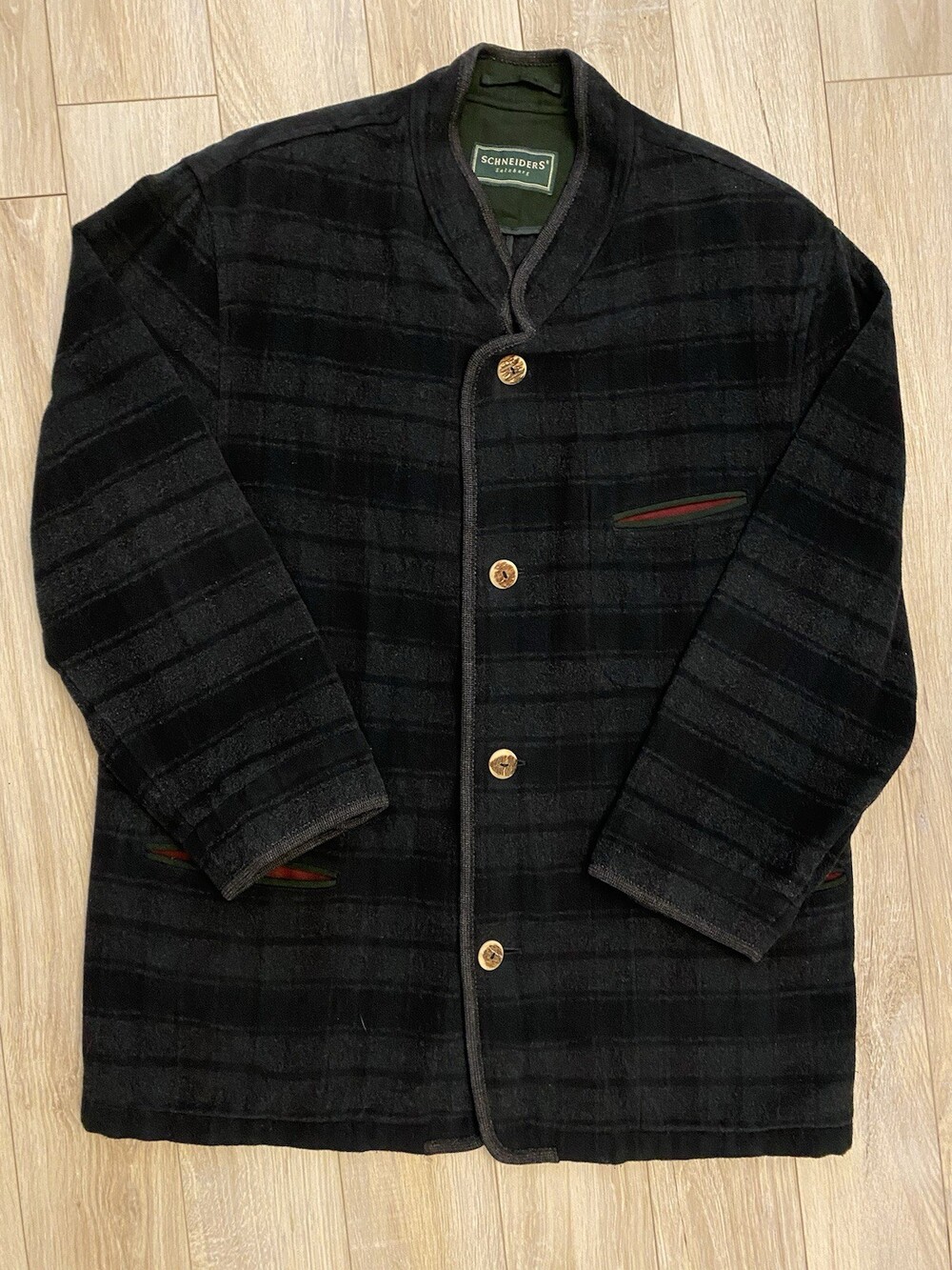 Schneiders Salzburg Austrian Coat Jacket Mens 44 Plaid Green Wool Bone Buttons